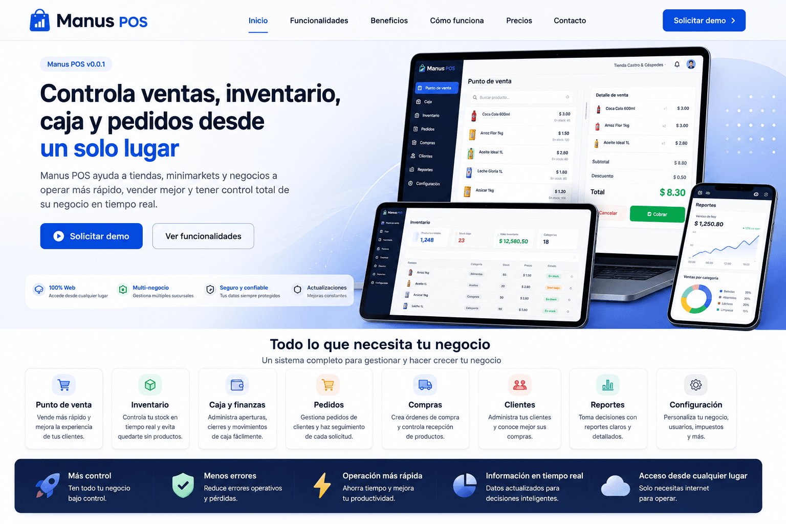 Pantallas de Manus POS para ventas, inventario, caja y reportes